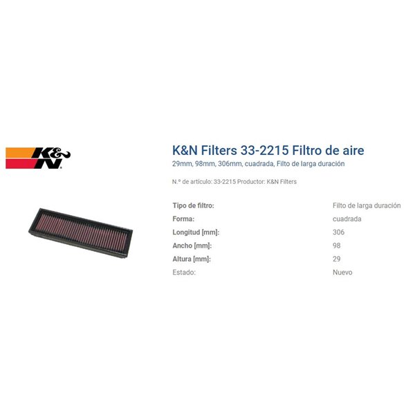 FILTRO K&N 33-2215 OPEL/RENAULT/NISSAN